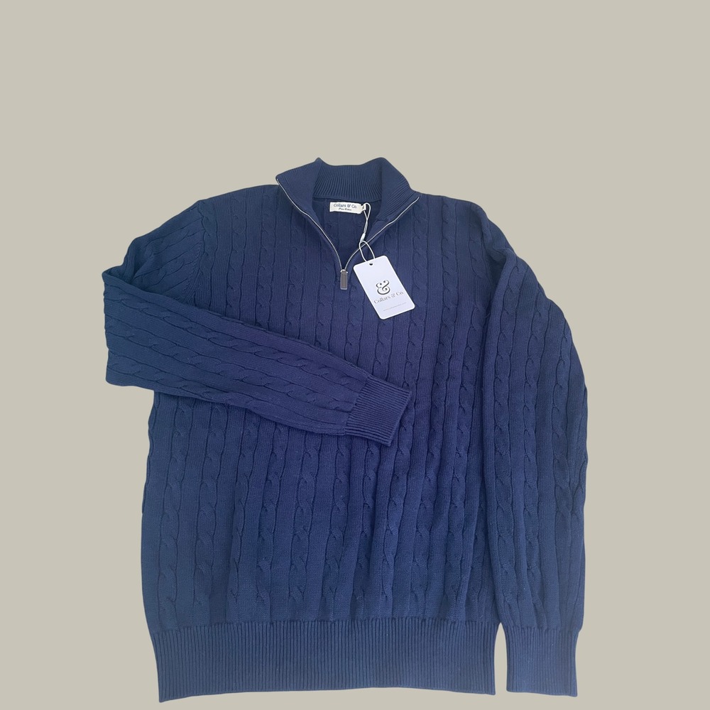Collars & Co Kensington Navy Cable Knit Quarter Zip Sweater Mens Medium NWT - Picture 5 of 6